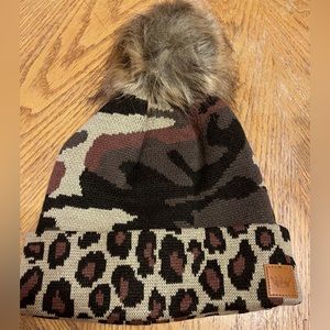 NWT Panache Green Camo
print knit hat/Leopard print trim/Natural faux fur pom